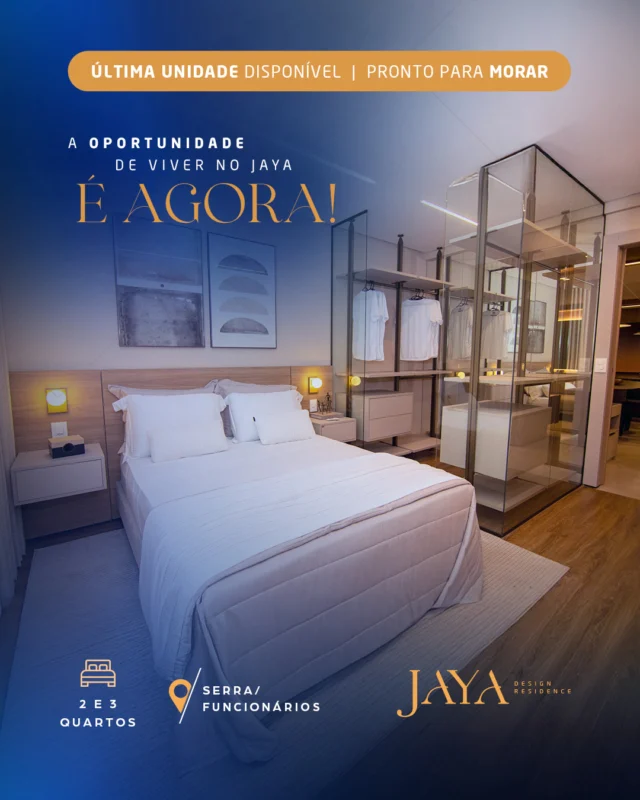 Última chance de viver com exclusividade no Jaya!

Aproveite a oportunidade de garantir a última unidade disponível, com 2 ou 3 quartos, varanda e acabamento de alto padrão. 

O Jaya oferece qualidade de vida, sofisticação e localização privilegiada no encontro dos bairros Serra e Funcionários.

Agende sua visita e conheça o apartamento pronto para morar.
📞 (31) 99366-1063