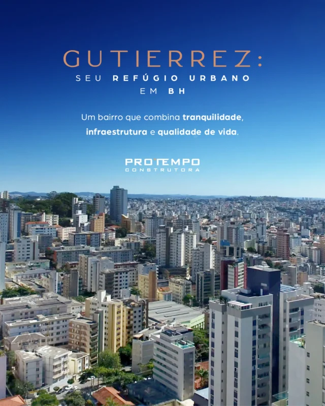 Se você busca um bairro que oferece tranquilidade, segurança e qualidade de vida, o Gutierrez é a escolha ideal. Localizado na região Oeste, combina a proximidade com o centro da cidade à serenidade de um ambiente residencial.

🏡 Ruas tranquilas, praças encantadoras e um ambiente que inspira bem-estar.

🛍️ Padarias tradicionais, supermercados, farmácias e escolas renomadas, tudo ao seu alcance.

🎭 Clubes tradicionais, museus próximos e fácil acesso à vida cultural de BH.

Venha conhecer o Gutierrez e descubra um novo estilo de vida.

📞 Agende sua visita: (31) 99366-1063