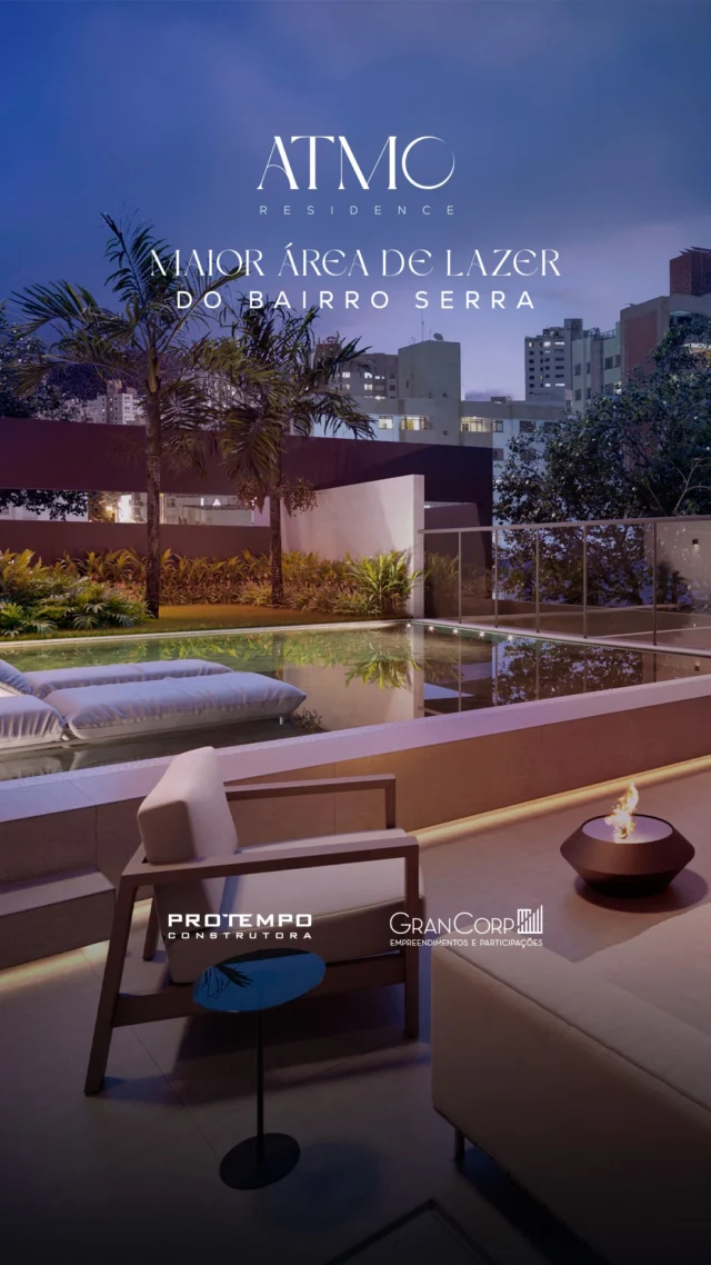 Descubra o maior lazer do bairro Serra no Atmo Residence! 

Piscinas adulto e infantil com deck e área de descanso, salão de festas gourmet, mini quadra, espaço kids, academia com terraço, pet place e muito mais! Tudo pensado para transformar sua rotina em momentos únicos. 

Viver no Atmo é ter conforto, exclusividade e qualidade de vida reunidos em um só lugar. 

Não perca tempo! Antecipe-se ao lançamento e saiba mais: 

📲 (31) 99366-1063 

#AtmoResidence #Protempo #BairroSerra #ApartamentoNovo #LazerCompleto #ConfortoExclusivo #MorarBem